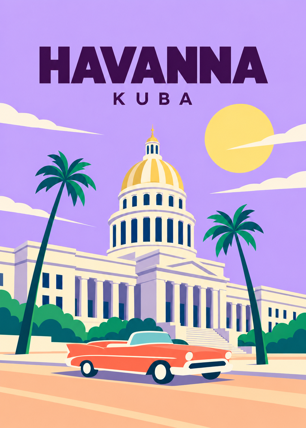 Havanna – geometrische Illustration des Capitolio mit Oldtimer in Kuba