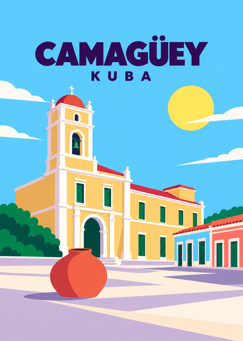 Camagüey, Kuba – geometrische Illustration mit San Juan de Dios und Tinajón