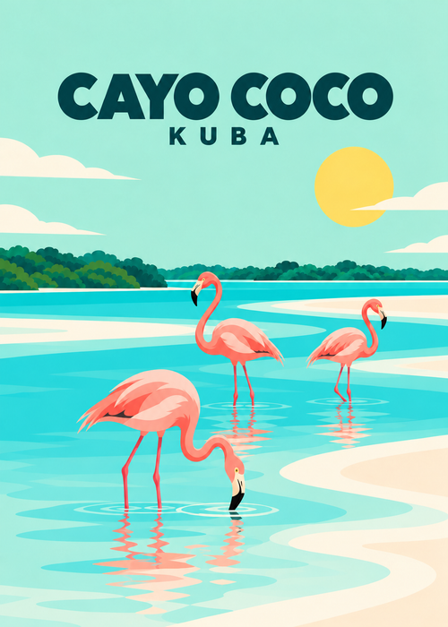 Cayo Coco – geometrische Illustration mit Flamingos, Kuba