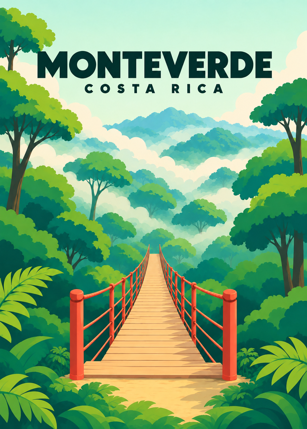 Monteverde, Costa Rica – geometrische Illustration einer Hängebrücke im Nebelwald