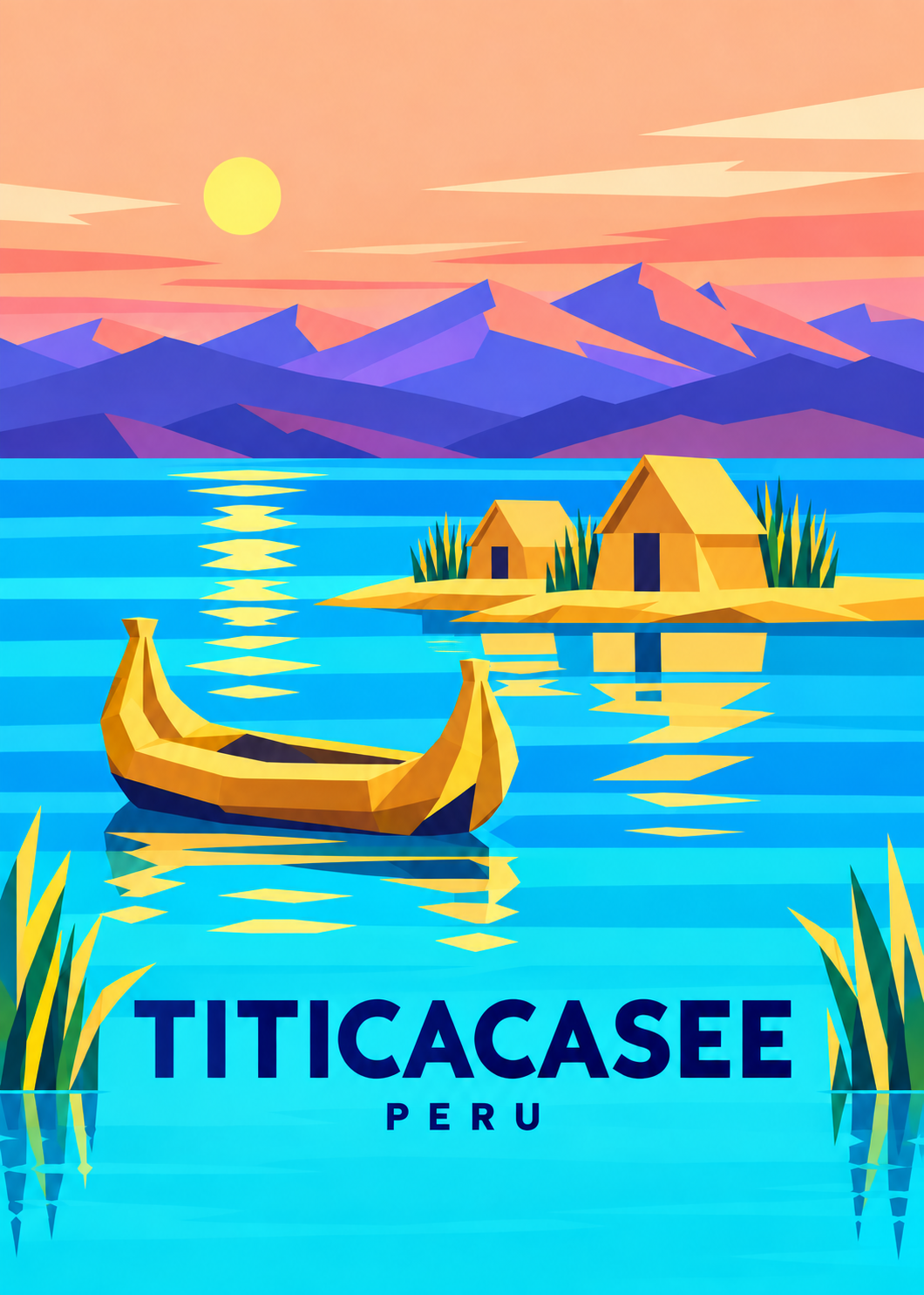 Titicacasee – geometrische Illustration mit Uros-Inseln, Schilfboot und Peru-Schriftzug