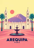 Arequipa – geometrische Illustration mit Kathedrale, Misti und Peru-Schriftzug