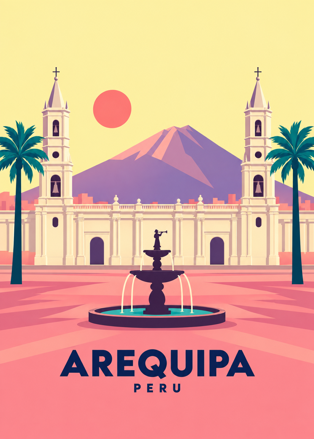 Arequipa – geometrische Illustration mit Kathedrale, Misti und Peru-Schriftzug