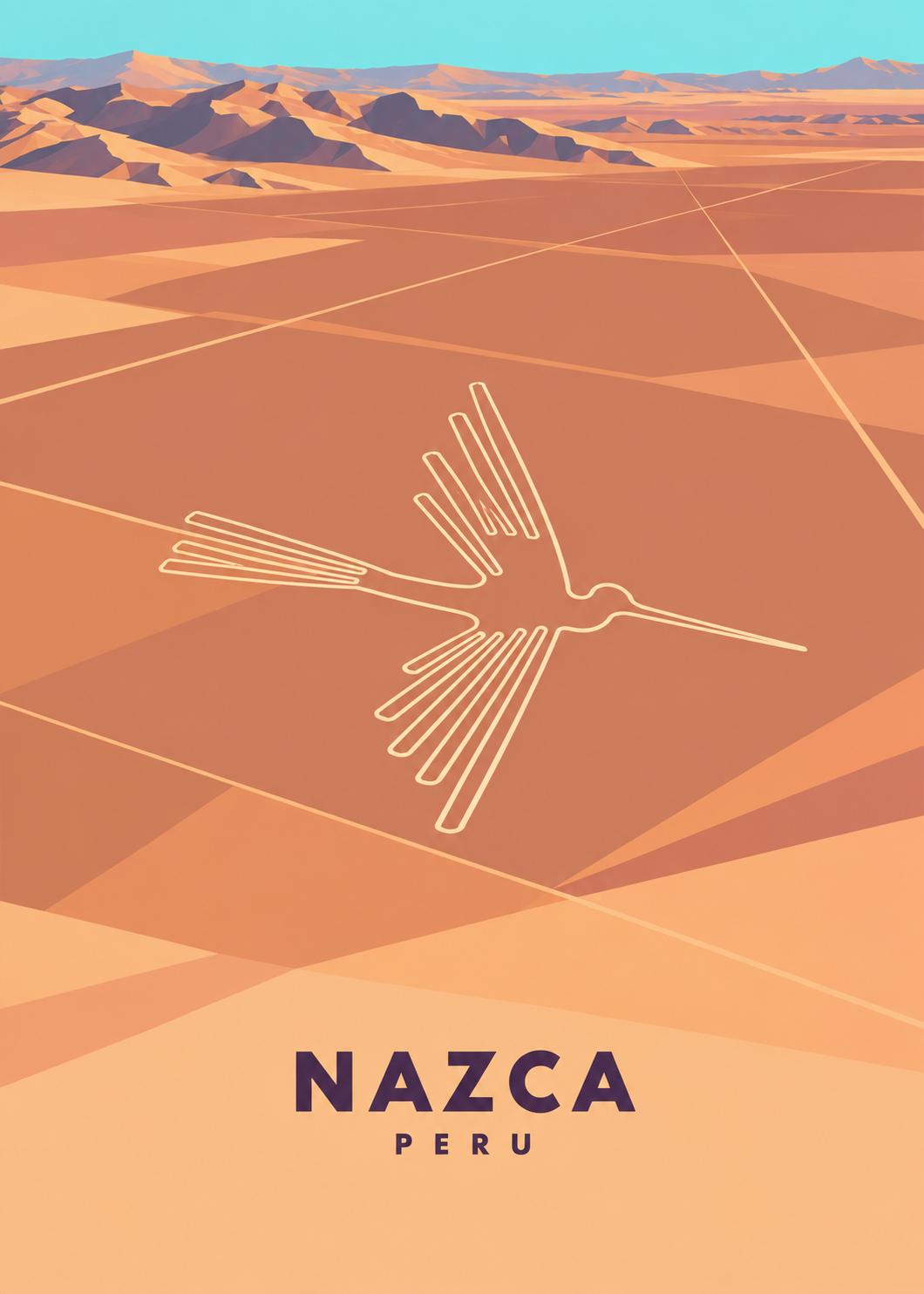 Nazca – geometrische Illustration des Kolibri-Geoglyphen mit Peru-Schriftzug
