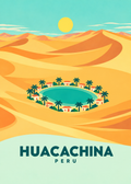 Huacachina – geometrische Oasen-Illustration mit Peru-Schriftzug