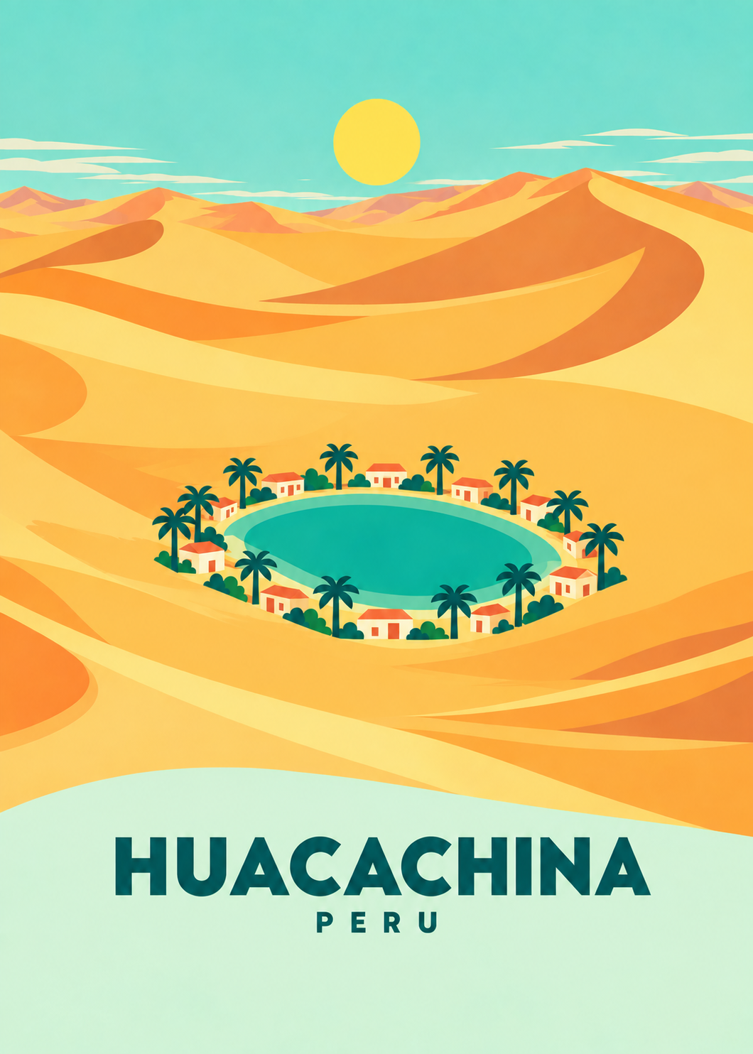 Huacachina – geometrische Oasen-Illustration mit Peru-Schriftzug
