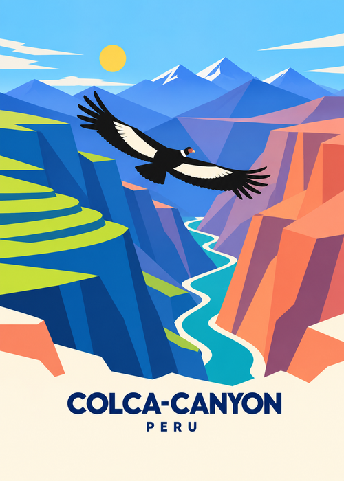 Colca-Canyon, Peru – geometrische Illustration mit Kondor, Terrassen und Fluss