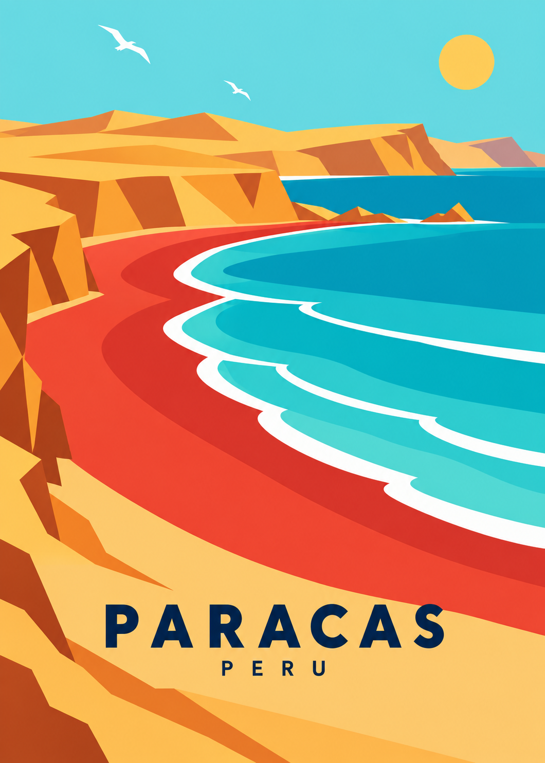 Paracas, Peru – geometrische Illustration der roten Küstenbucht