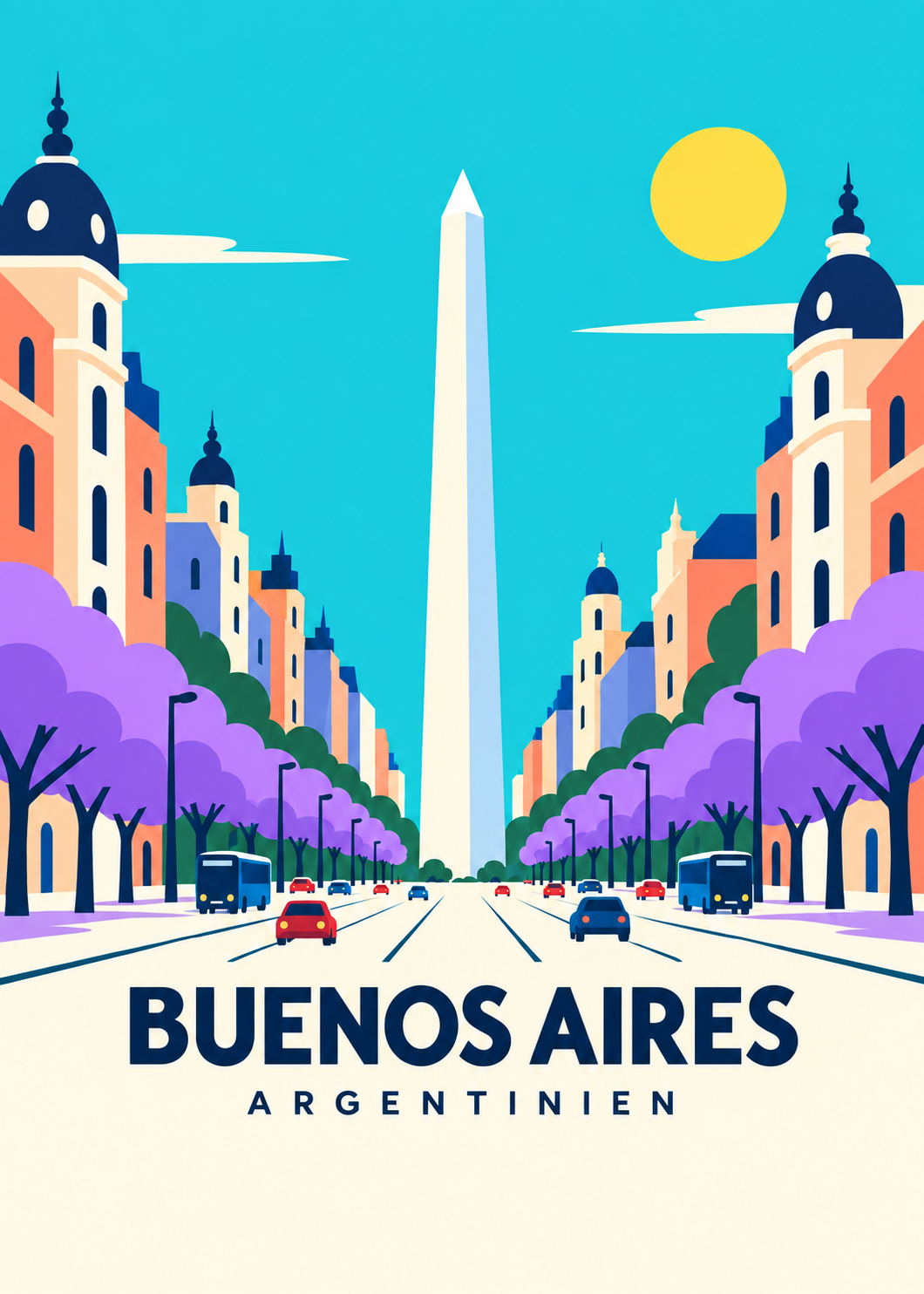 Buenos Aires, Argentinien – geometrische Illustration mit Obelisk und Jacarandas