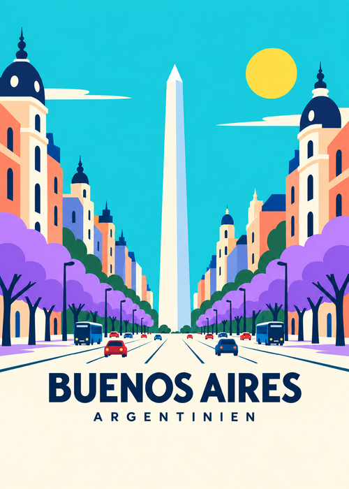 Buenos Aires, Argentinien – geometrische Illustration mit Obelisk und Jacarandas