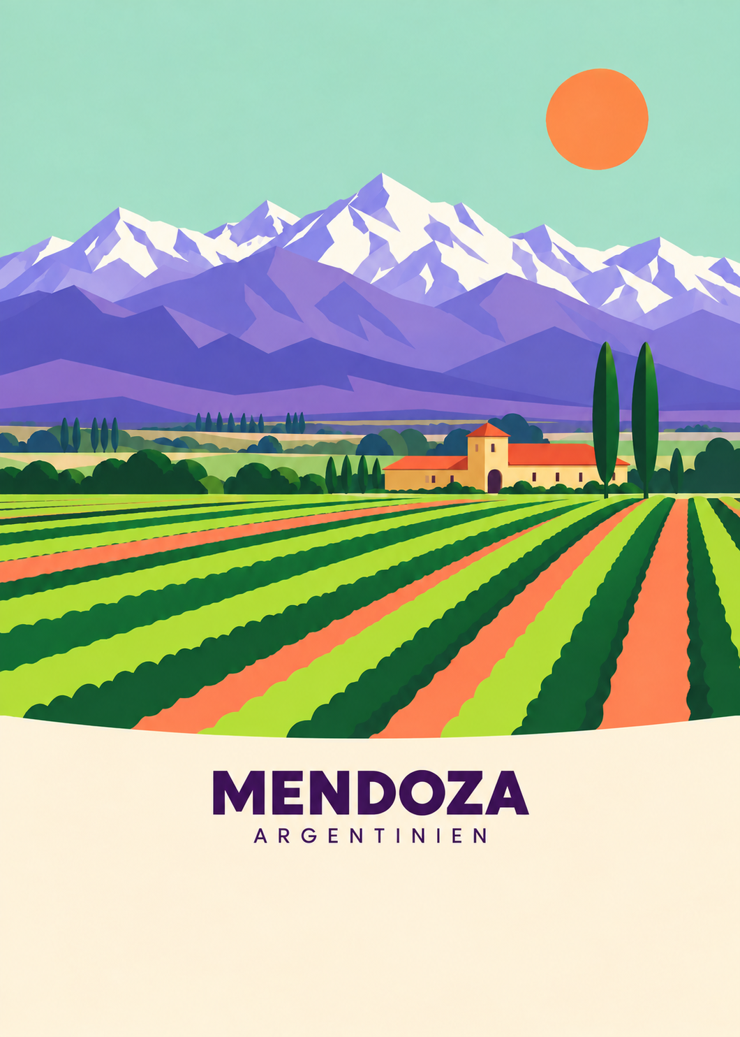 Mendoza, Argentinien – geometrische Illustration mit Weinbergen und Anden