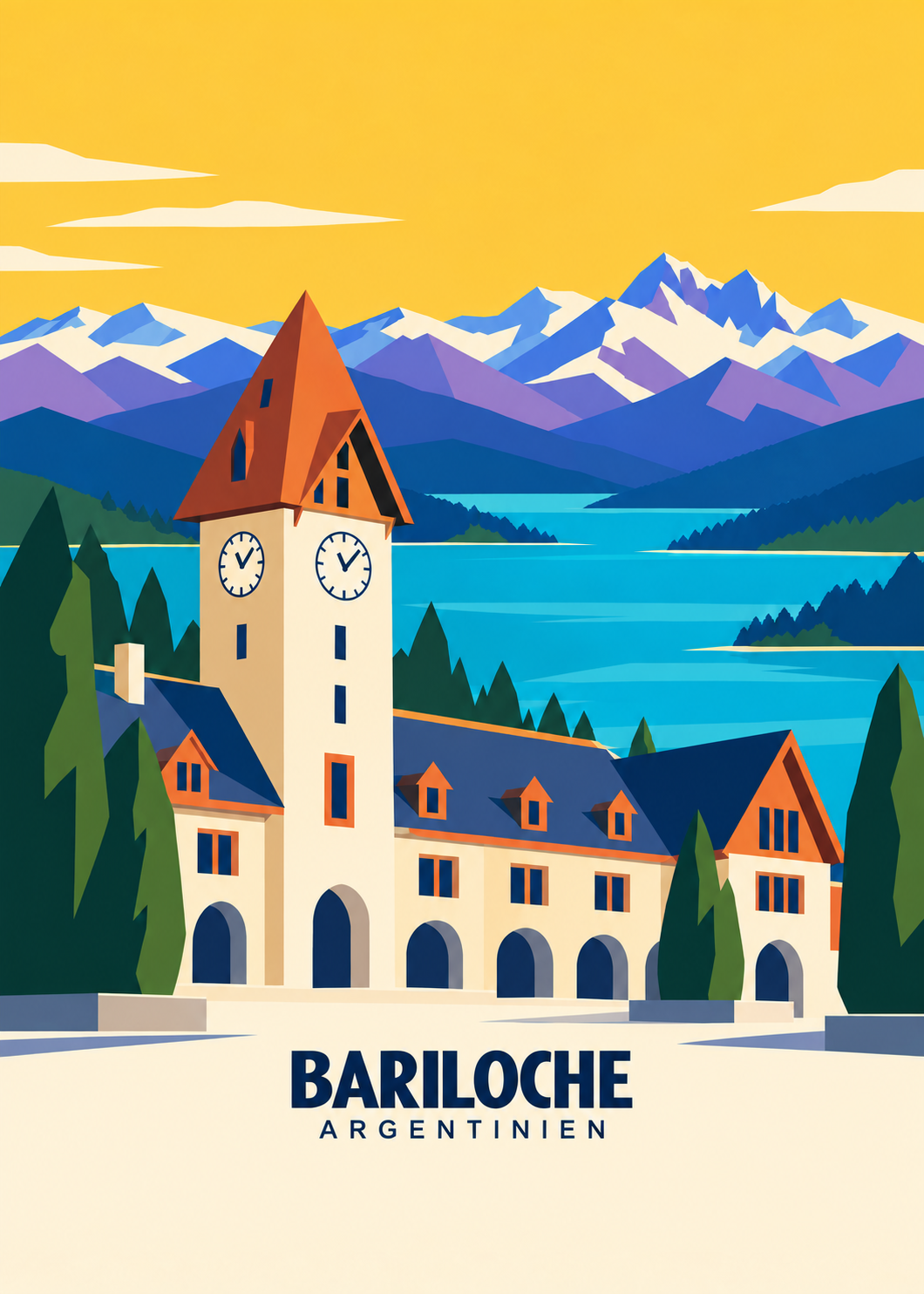 Bariloche, Argentinien – geometrische Illustration mit Centro Cívico und Nahuel-Huapi-See