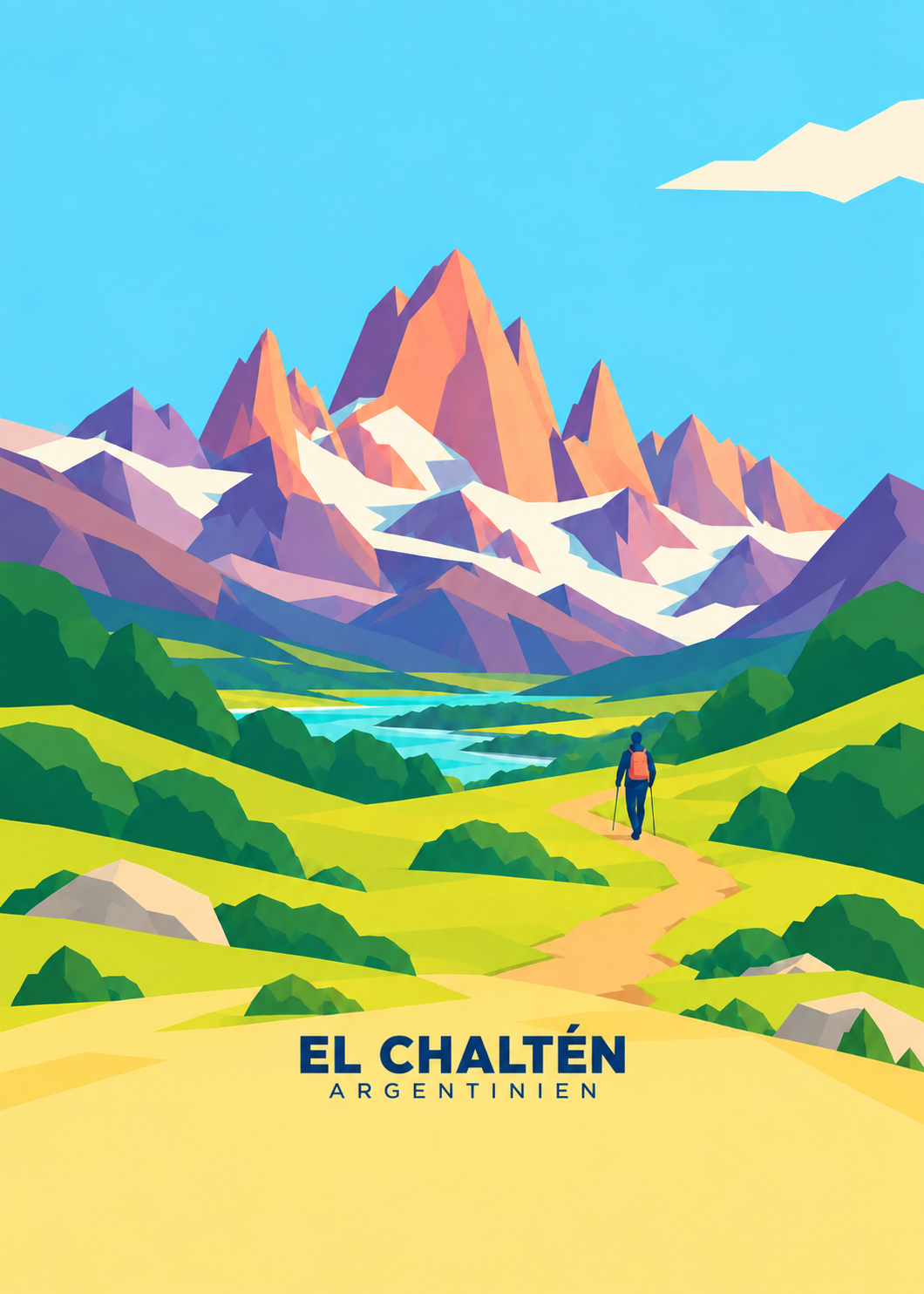 El Chaltén, Argentinien – geometrische Illustration des Fitz Roy mit Wanderweg