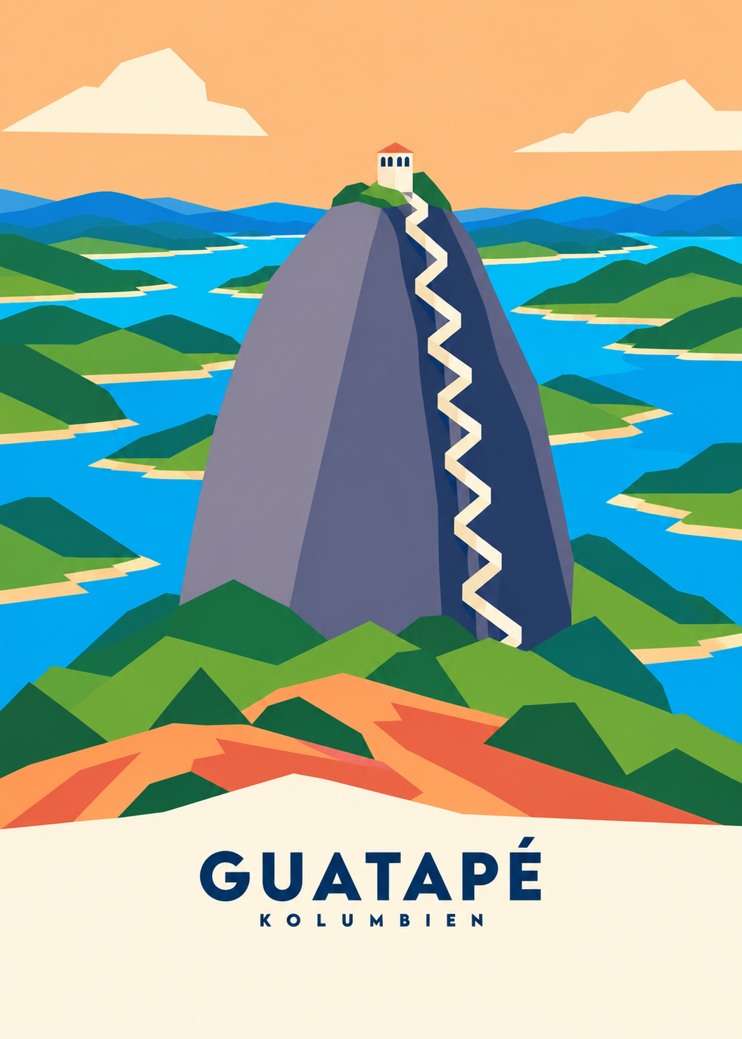 Guatapé – geometrische Illustration von El Peñol und Stausee in Kolumbien