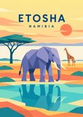 Etosha, Namibia – geometrische Illustration mit Elefant, Giraffe und Wasserloch