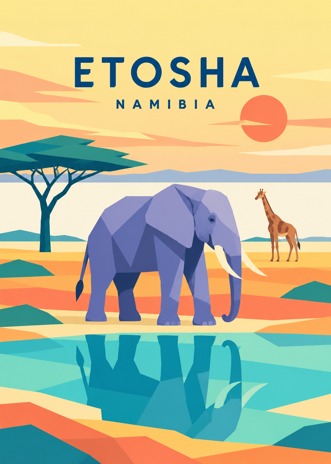 Etosha, Namibia – geometrische Illustration mit Elefant, Giraffe und Wasserloch