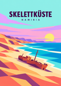 Skelettküste – geometrische Illustration mit Schiffwrack, Dünen und Atlantik in Namibia