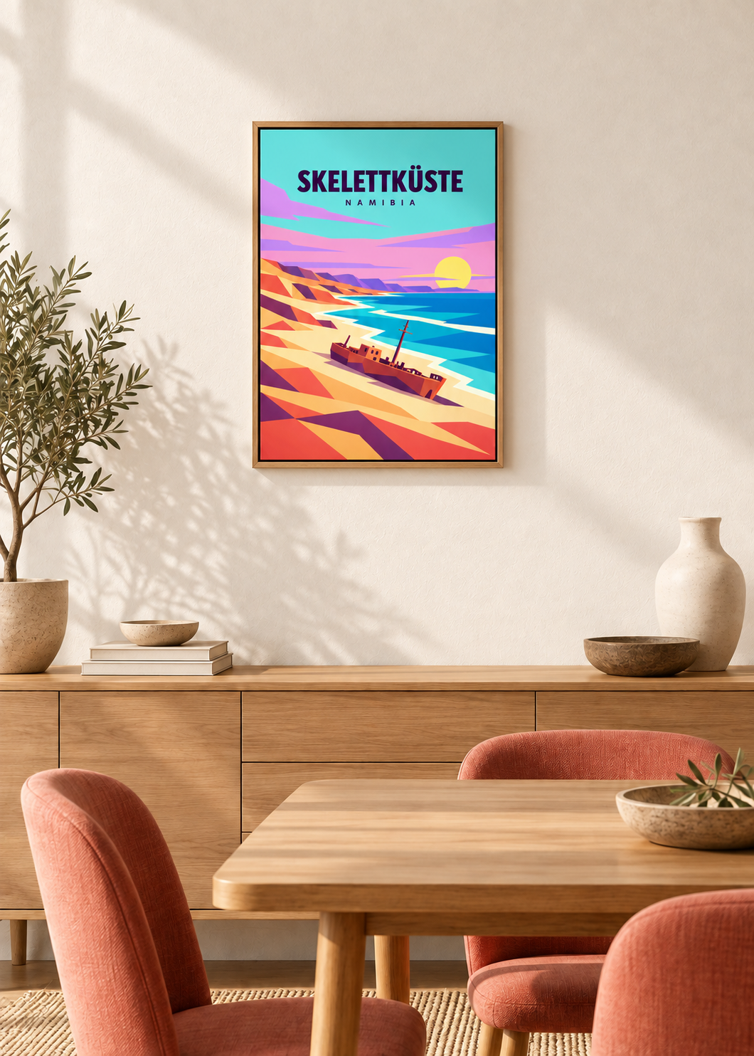 Skelettküste auf Leinwand im dünnen Eichen-Schattenfugenrahmen in einem modernen Esszimmer