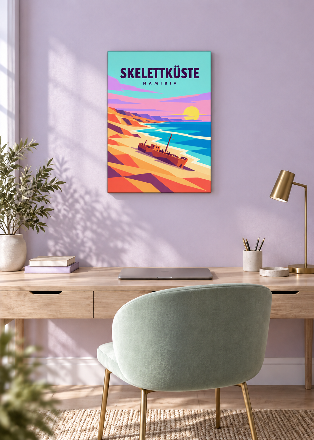 Skelettküste auf rahmenloser Slim-Leinwand mit gewickelter Kante in einem hellen Arbeitszimmer