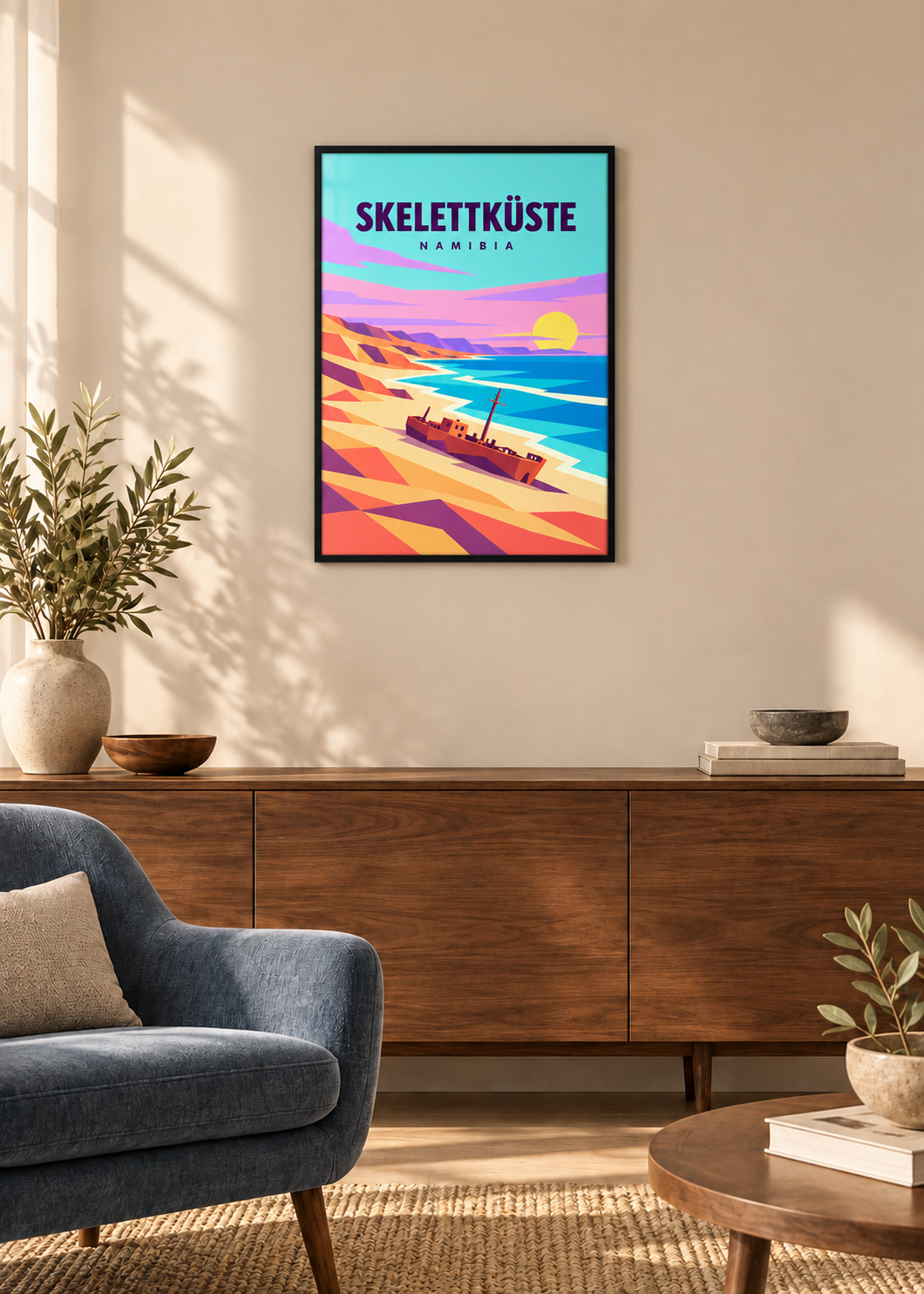 Skelettküste im dünnen mattschwarzen Rahmen mit Acrylglas in einem modernen Wohnzimmer