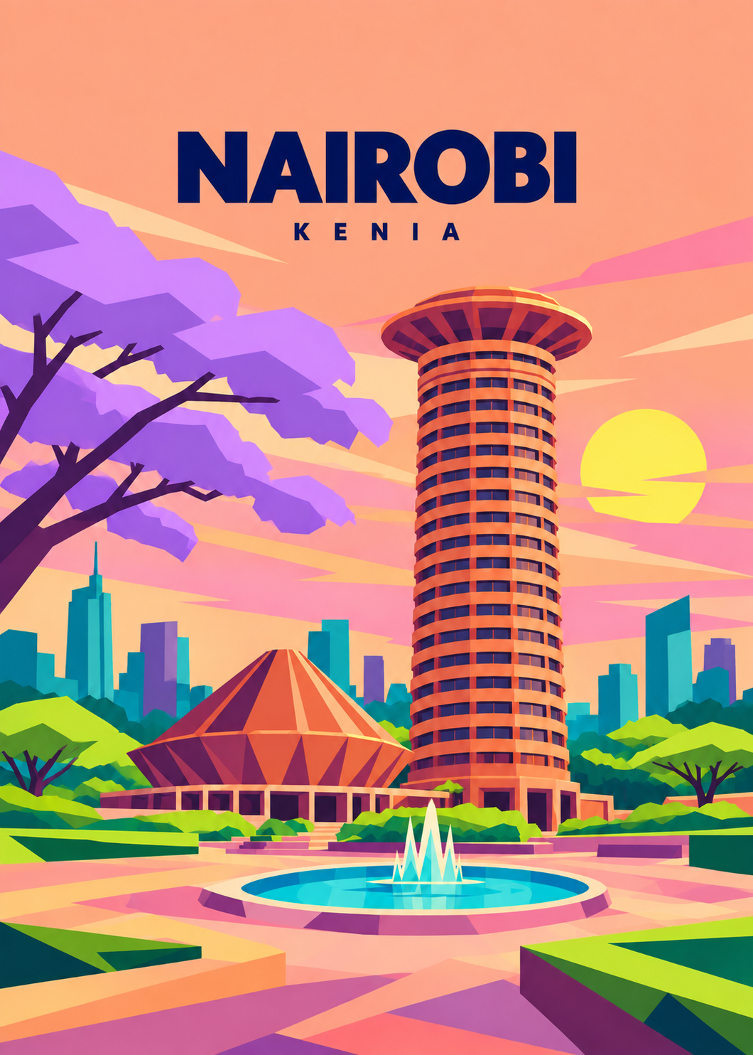 Nairobi – geometrische Illustration des KICC-Turms mit Amphitheater und Brunnen in Kenia