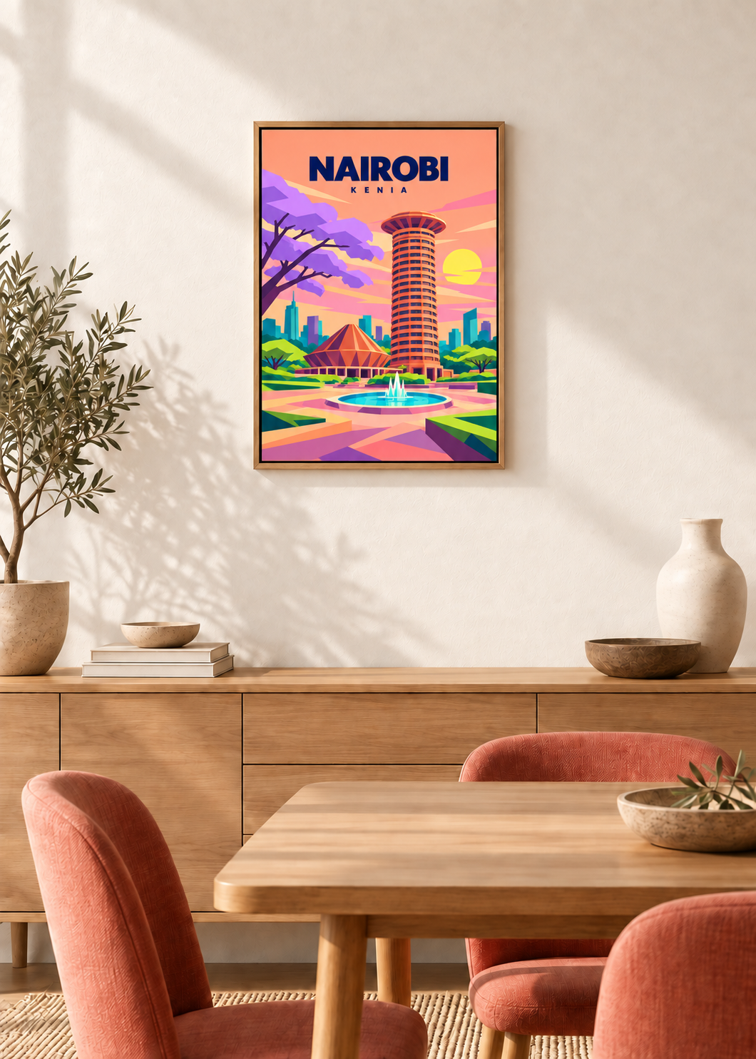 Nairobi auf Leinwand im dünnen Eichen-Schattenfugenrahmen in einem modernen Esszimmer