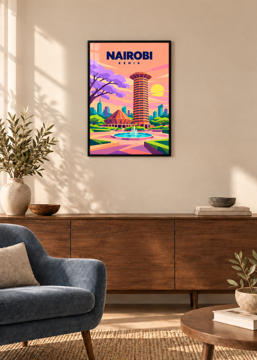 Nairobi im dünnen mattschwarzen Acrylglasrahmen in einem modernen Wohnzimmer