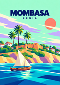 Mombasa – geometrische Illustration von Fort Jesus mit Palmen und Segelboot an Kenias Küste