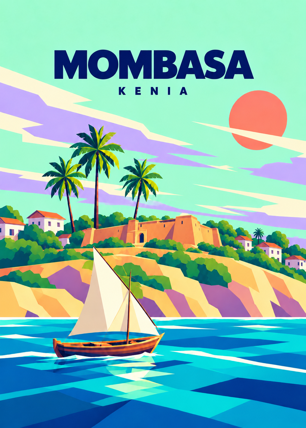 Mombasa – geometrische Illustration von Fort Jesus mit Palmen und Segelboot an Kenias Küste
