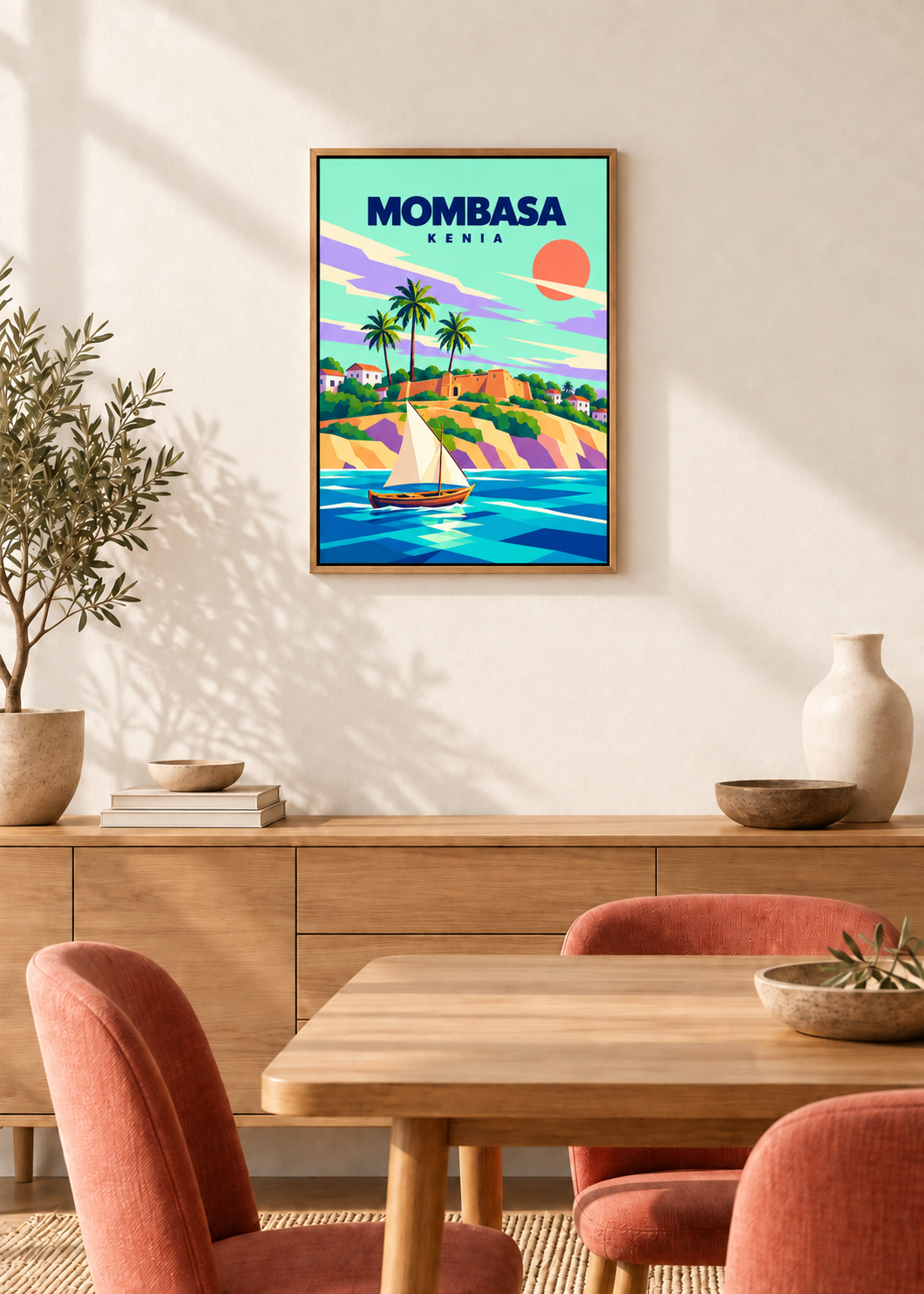 Mombasa auf Leinwand im dünnen Eichen-Schattenfugenrahmen in einem modernen Esszimmer
