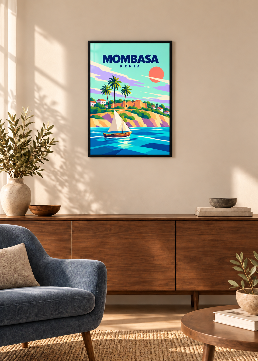 Mombasa im dünnen mattschwarzen Acrylglasrahmen in einem modernen Wohnzimmer