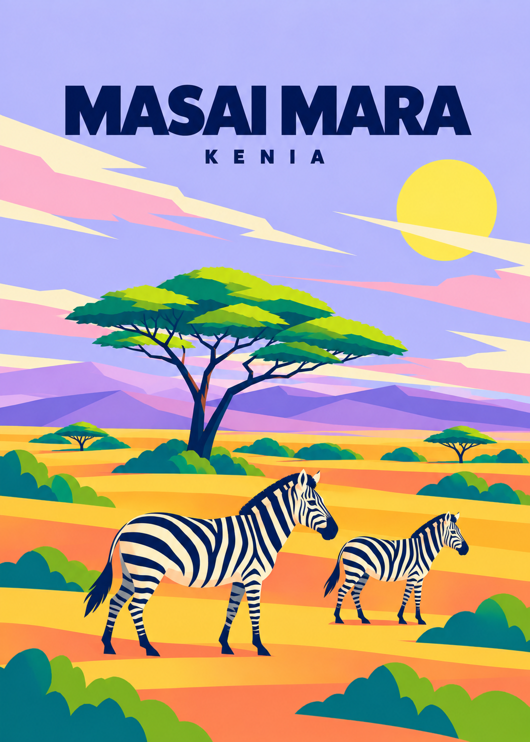 Masai Mara – geometrische Illustration mit Zebras und Akazie, Kenia