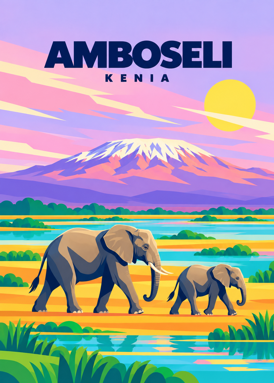 Amboseli – geometrische Illustration mit Elefanten und Kilimandscharo, Kenia