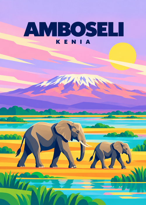 Amboseli – geometrische Illustration mit Elefanten und Kilimandscharo, Kenia
