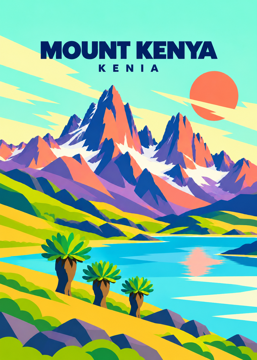 Mount Kenya – geometrische Illustration mit schroffen Gipfeln und Bergsee, Kenia
