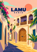 Lamu – geometrische Illustration einer Swahili-Gasse mit Holztür und Veranda, Kenia