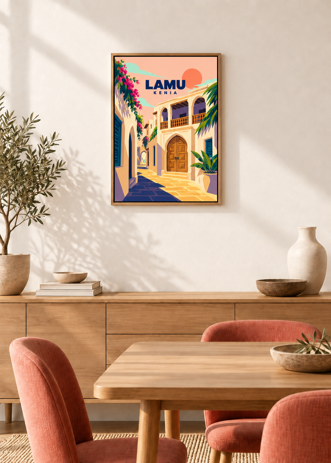 Lamu als Leinwand im Eichen-Schattenfugenrahmen