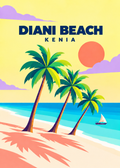 Diani Beach in Kenia – geometrische Illustration mit Palmen, Strand und Segelboot