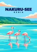 Nakuru-See in Kenia – geometrische Illustration mit drei Flamingos und türkisfarbenem See