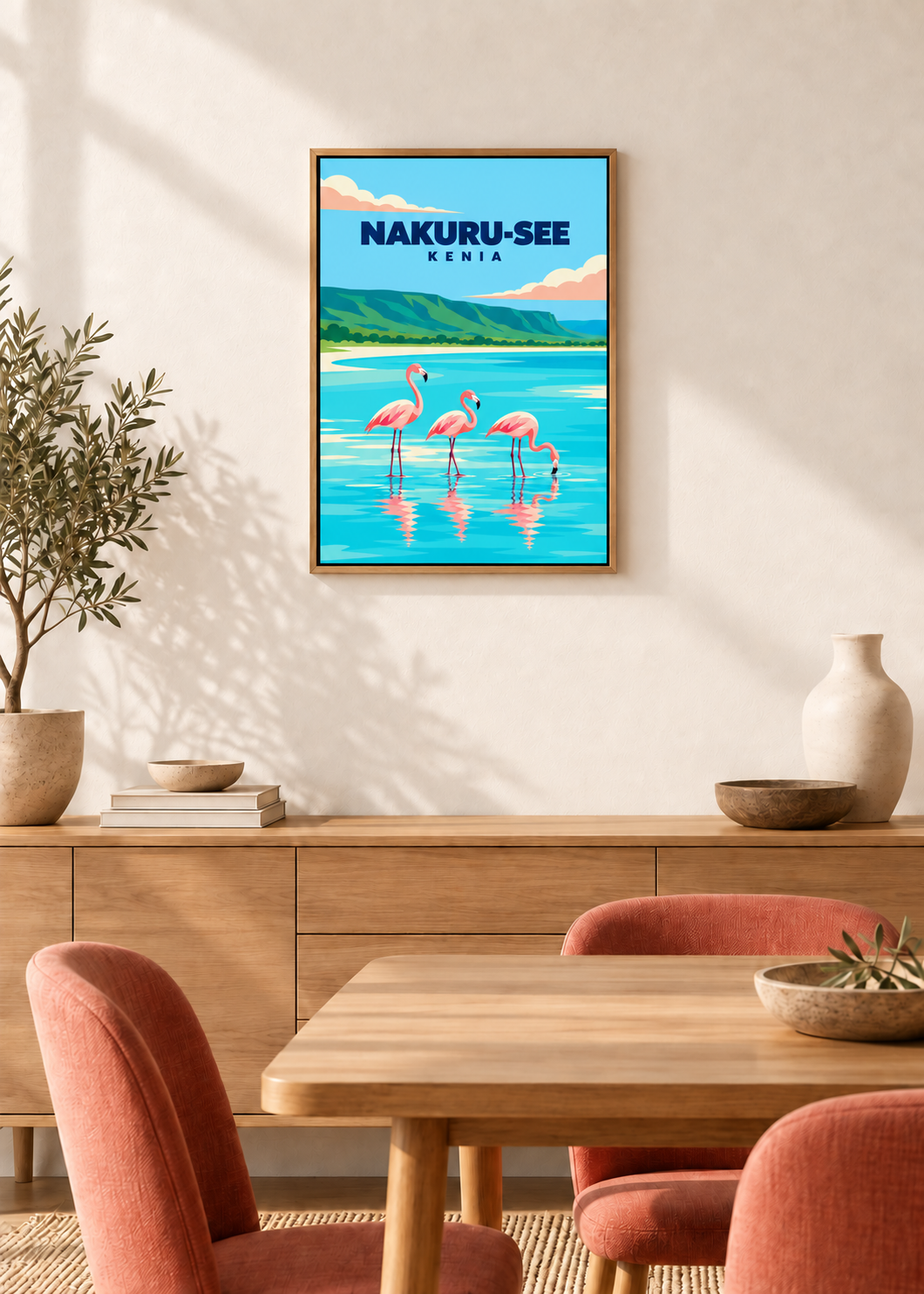 Nakuru-See auf Leinwand im Eichen-Schattenfugenrahmen