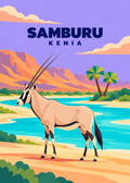 Samburu – geometrische Illustration einer Oryxantilope am Fluss in Kenia