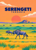Serengeti – geometrische Illustration von Gnus in den weiten Ebenen Tansanias