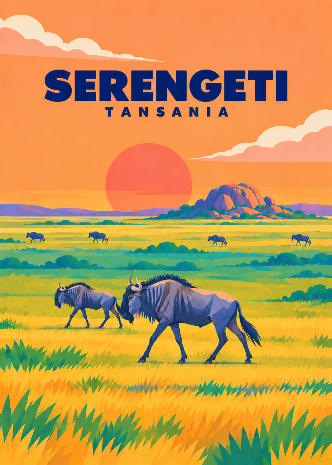 Serengeti – geometrische Illustration von Gnus in den weiten Ebenen Tansanias