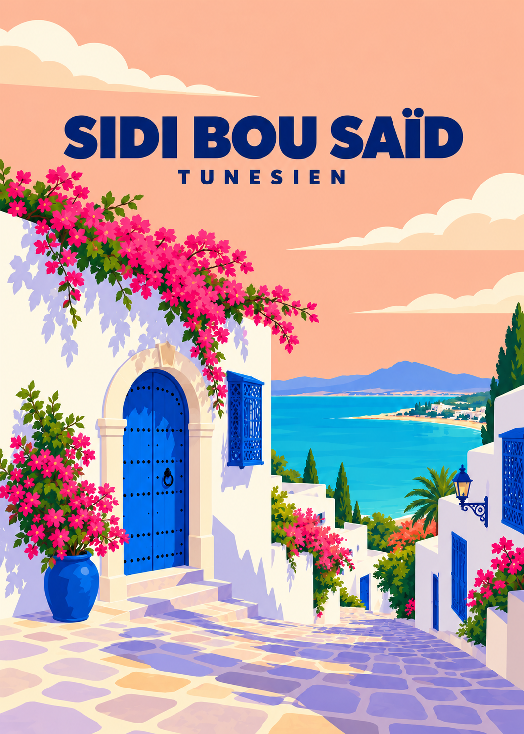 Sidi Bou Saïd – geometrische Illustration, Tunesien