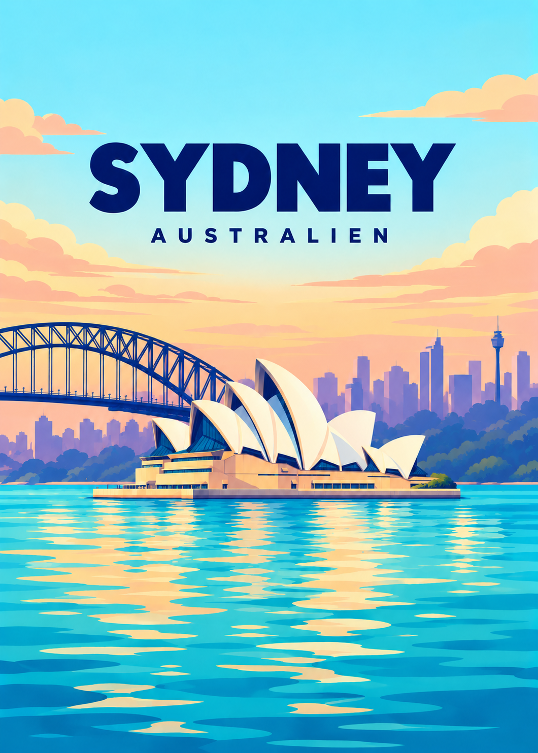 Sydney Australien – geometrische Illustration mit Opernhaus und Hafen