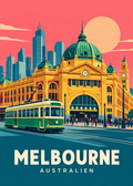 Melbourne – geometrische Illustration der Flinders Street Station mit Straßenbahn in Australien