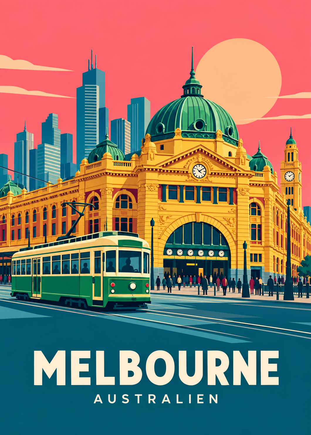 Melbourne – geometrische Illustration der Flinders Street Station mit Straßenbahn in Australien