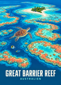 Great Barrier Reef – geometrische Illustration mit Korallenriff, Insel und Meeresschildkröte in Australien