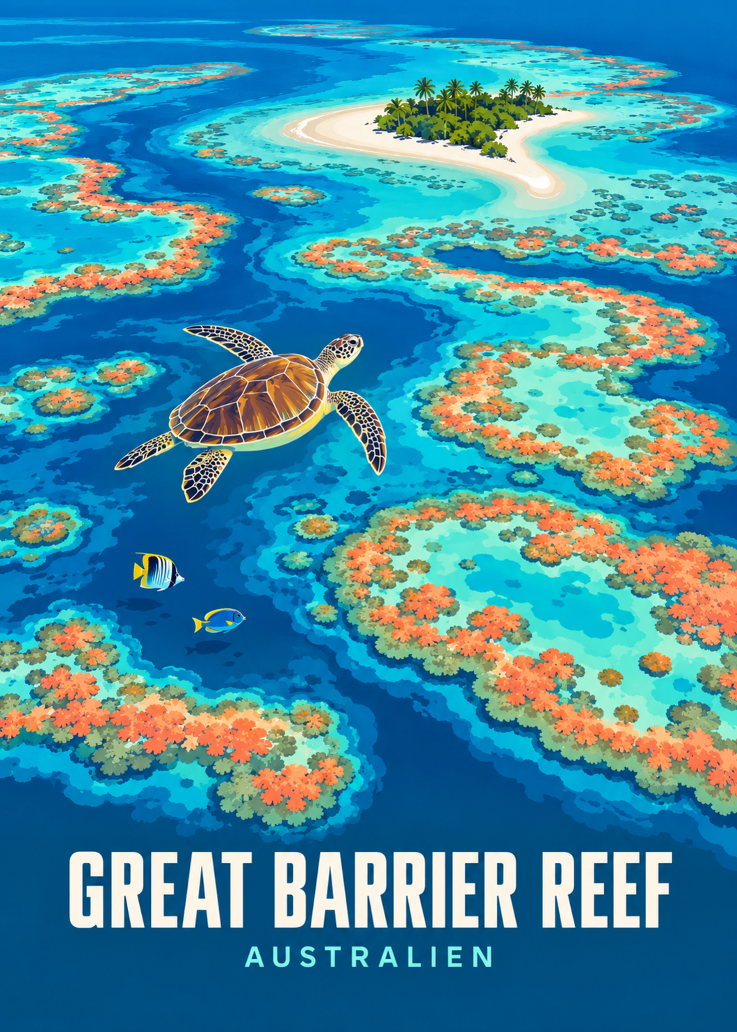 Great Barrier Reef – geometrische Illustration mit Korallenriff, Insel und Meeresschildkröte in Australien