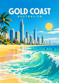 Gold Coast – geometrische Illustration mit Surfers-Paradise-Skyline, Strand und Welle in Australien